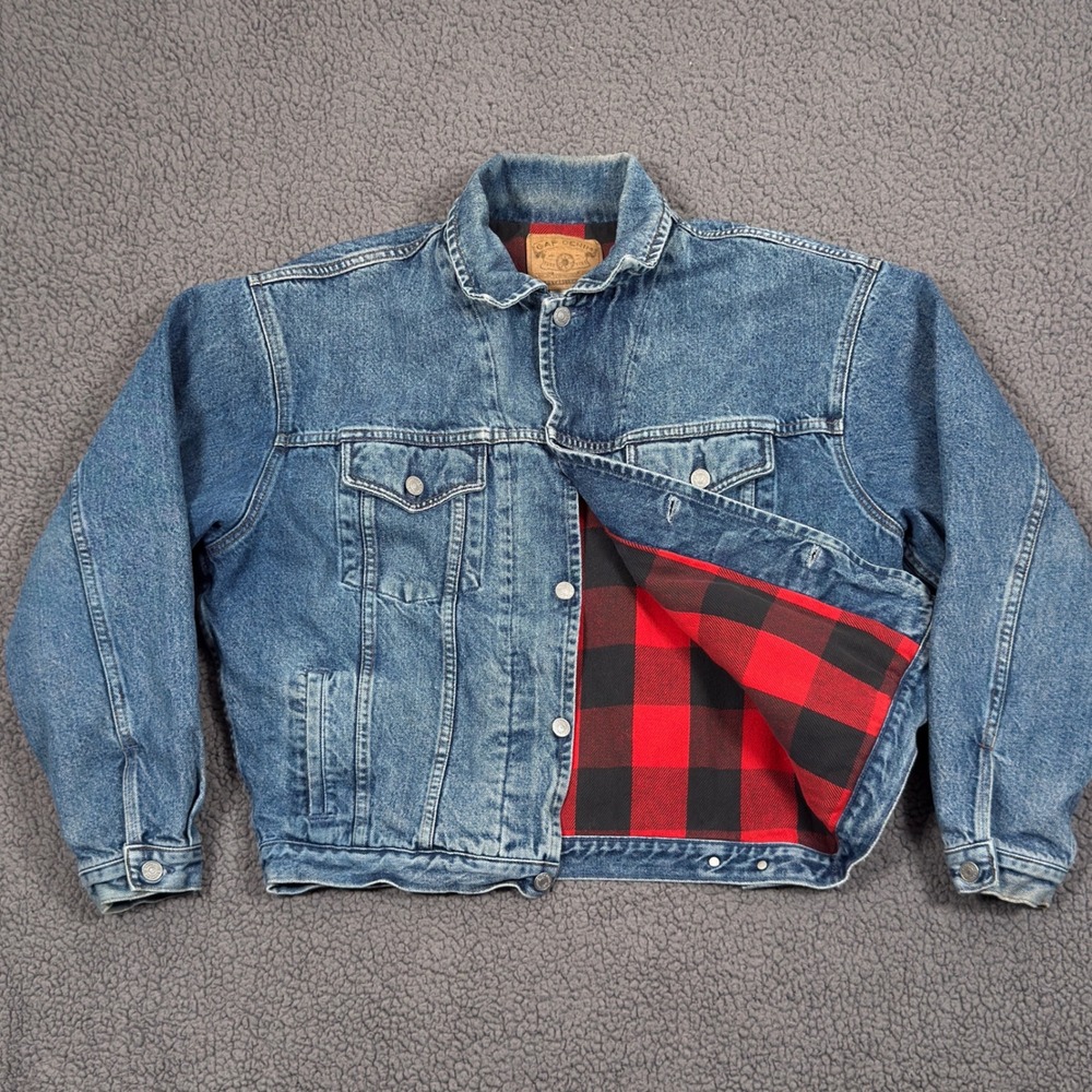 Vintage 90s Gap Denim Trucker Jacket Buffalo Plaid Lining Mens Medium Red Jean